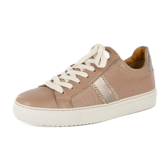 Beige sneaker with white laces on a white background