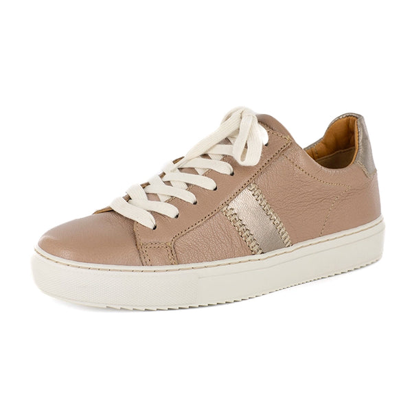 Beige sneaker with white laces on a white background
