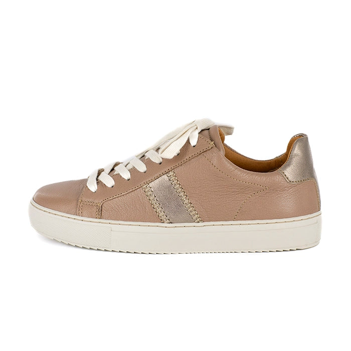 Beige sneaker with white laces on a white background