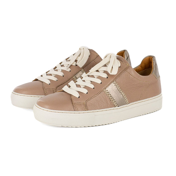 Pair of beige sneakers with white laces on a white background