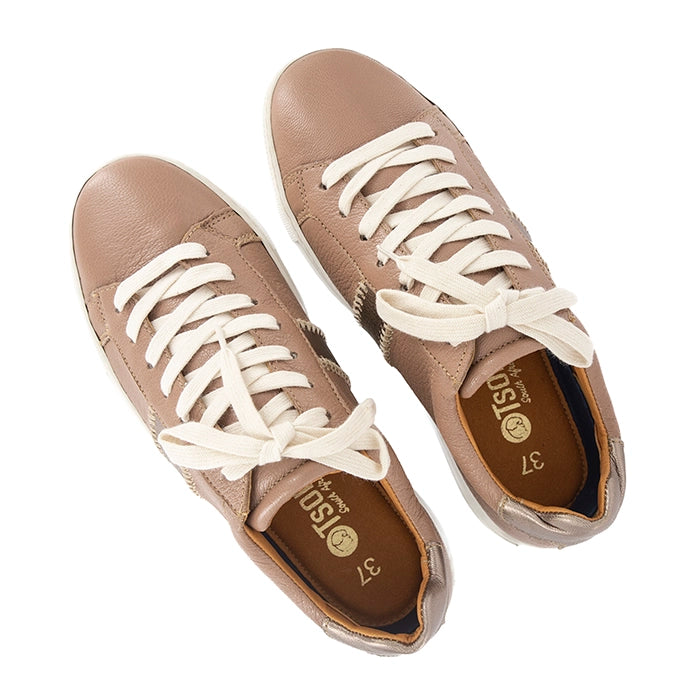 Pair of beige sneakers with white laces on a white background