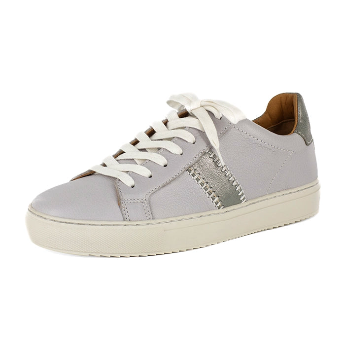 Grey sneaker with white laces on a white background