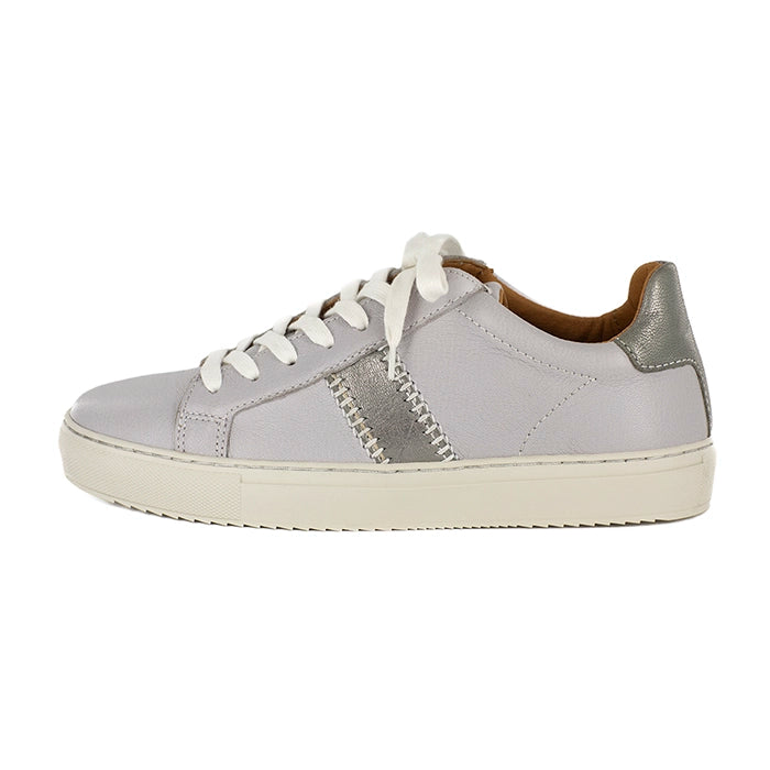 Grey sneaker with white laces on a white background