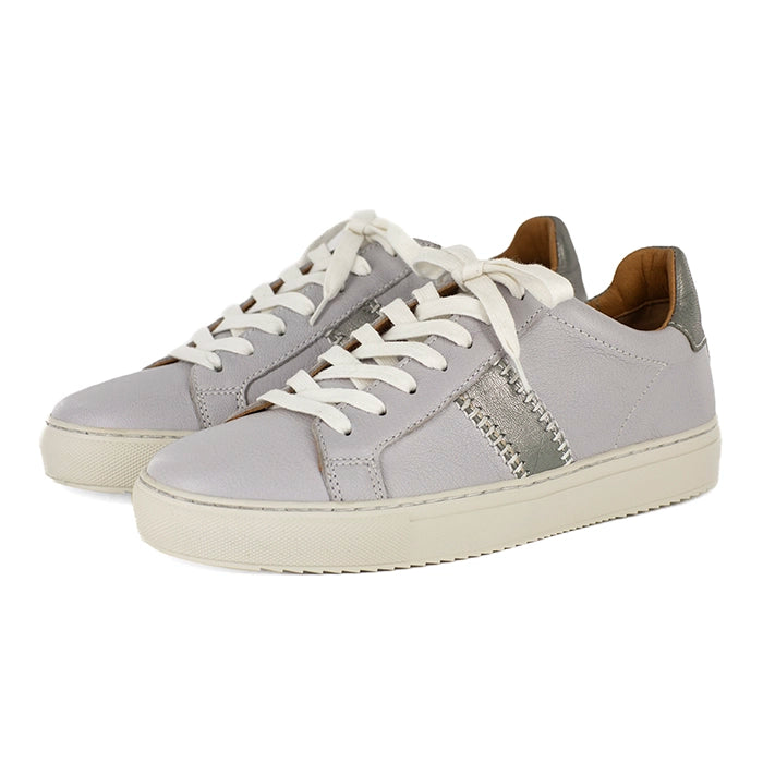Grey sneakers with white laces on a white background