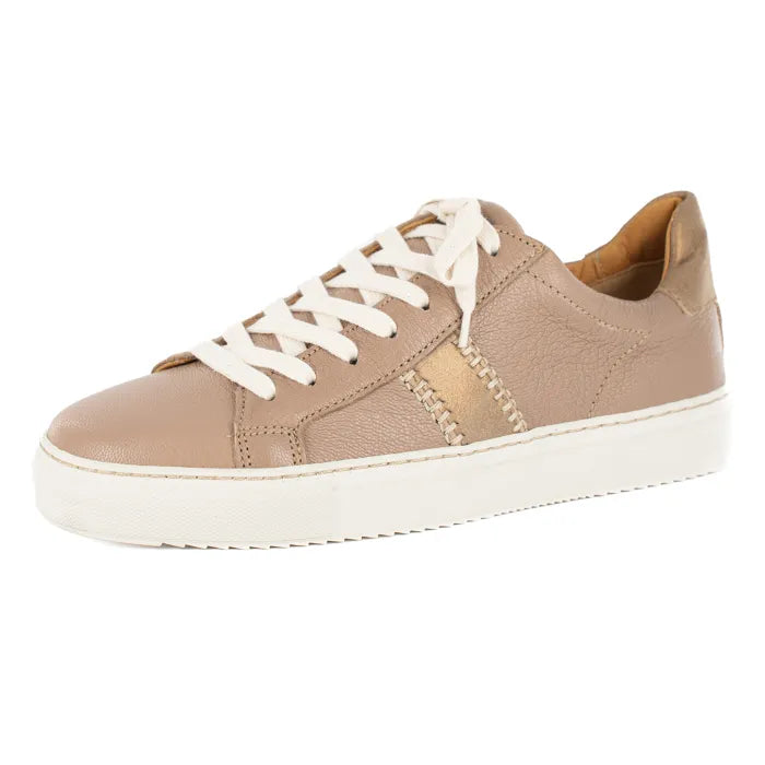 Beige sneaker with white laces on a white background