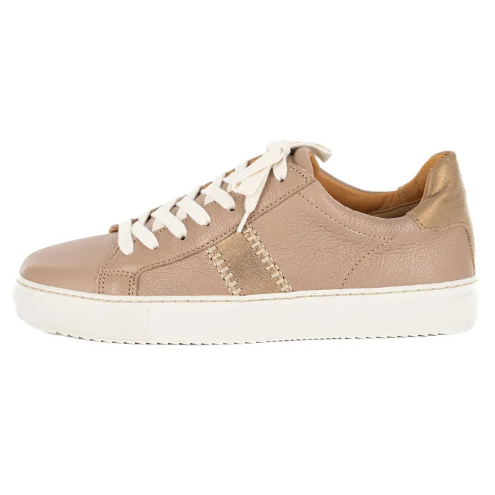 Beige sneaker with white laces on a white background