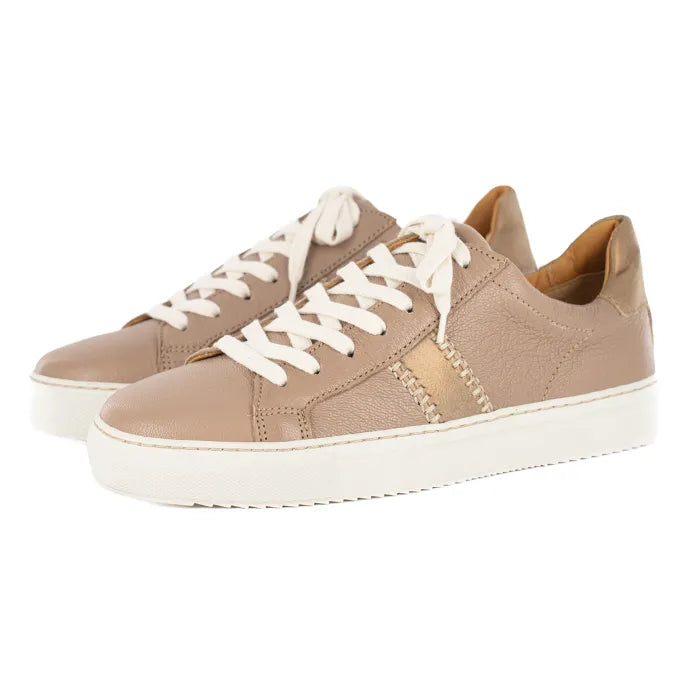 Pair of beige sneakers with white laces on a white background