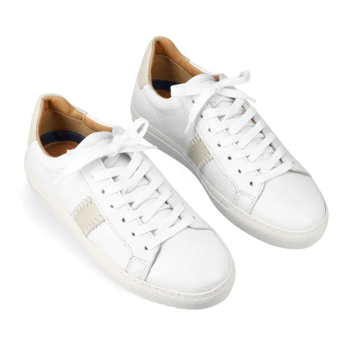 White sneakers with cream accents on a white background