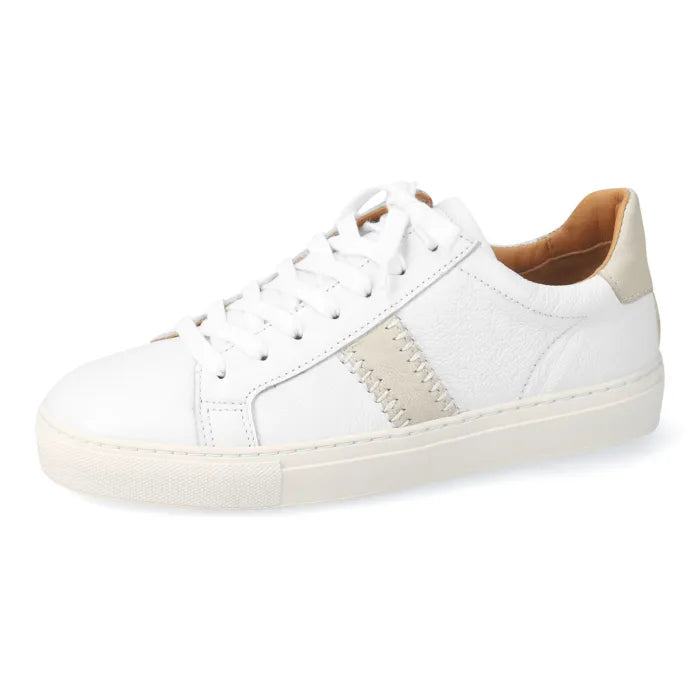 White sneaker with beige accents on a white background