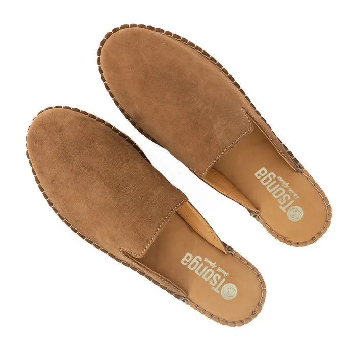 Pair of brown slip-ons with 'Tsonga branding on a white background
