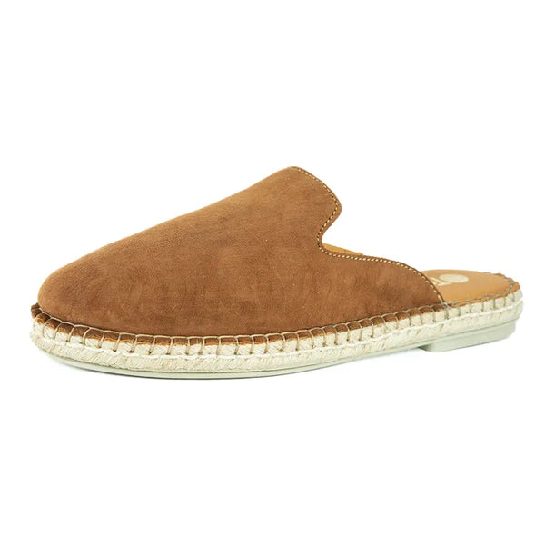 Brown slip-on with woven sole on a white background