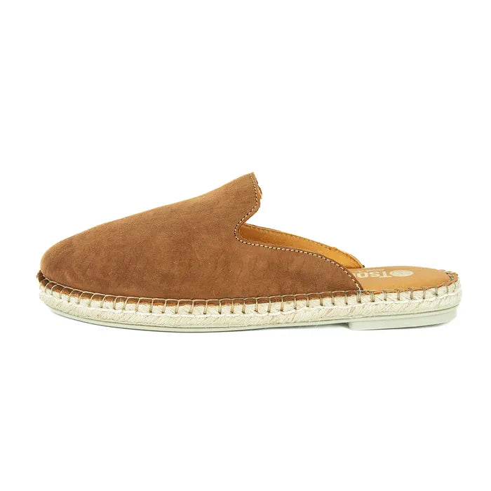Brown slip-on with espadrille sole on a white background