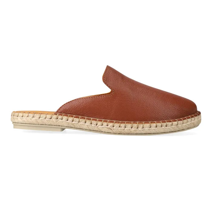 Brown leather espadrille mule on a white background