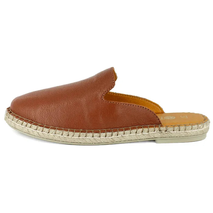 Brown leather espadrille slip-on shoe on a white background