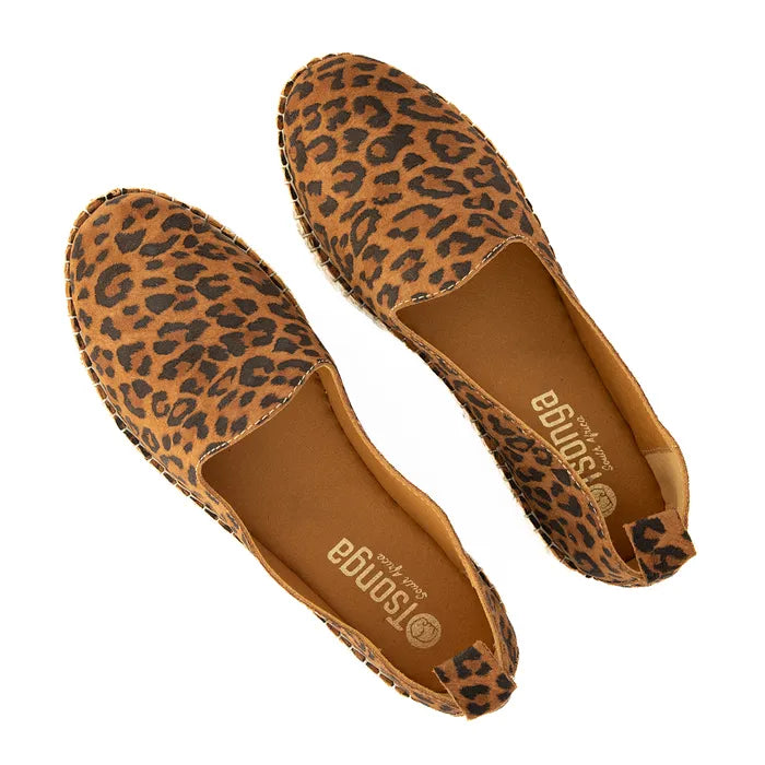 Pair of leopard print shoes with 'Tsonga' branding on a white background