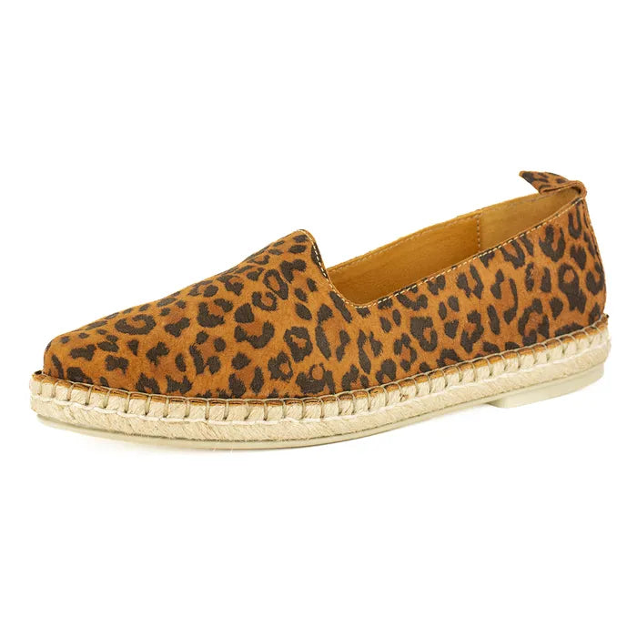 Leopard print espadrille shoe on a white background