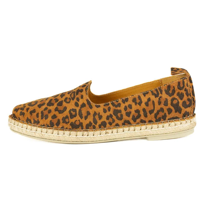 Leopard print espadrille shoe on a white background