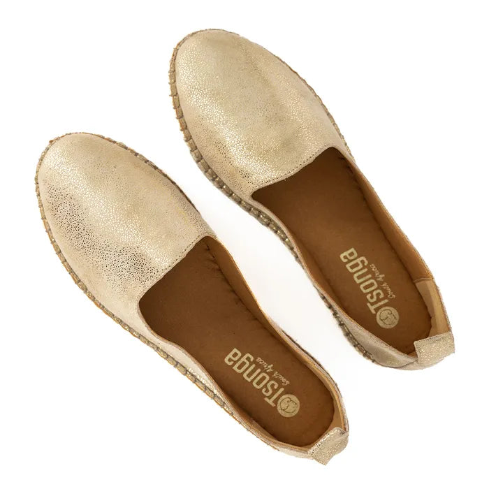Pair of gold espadrilles with brand logo on a white background