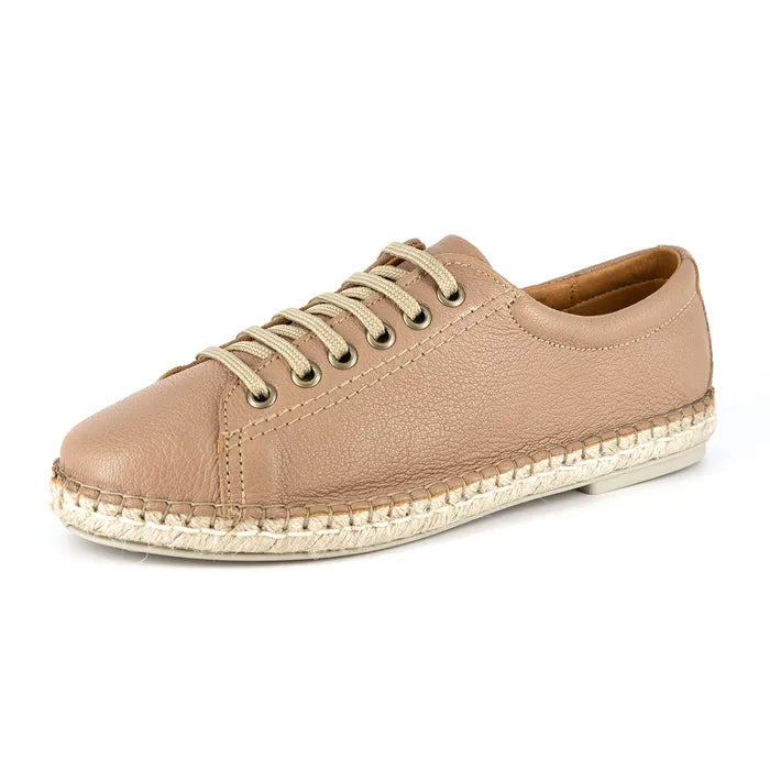 Beige sneaker with espadrille sole on a white background