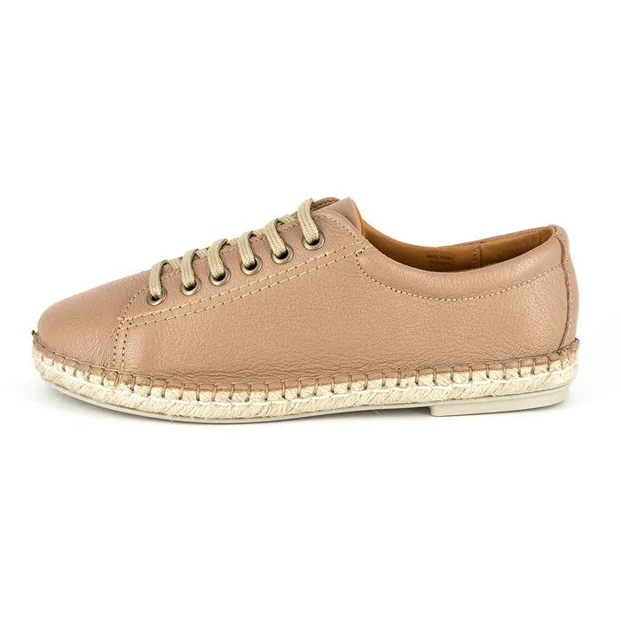 Beige sneaker with espadrille sole on a white background