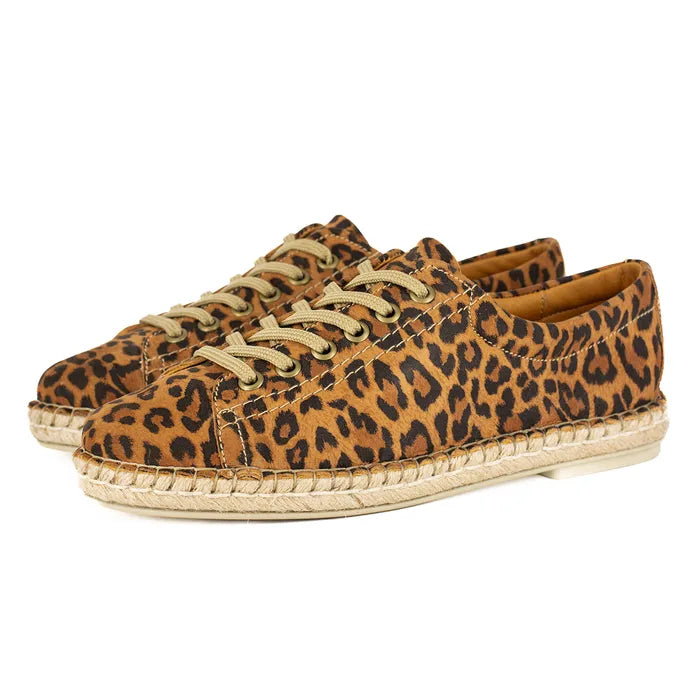 Leopard print sneakers with beige laces on a white background