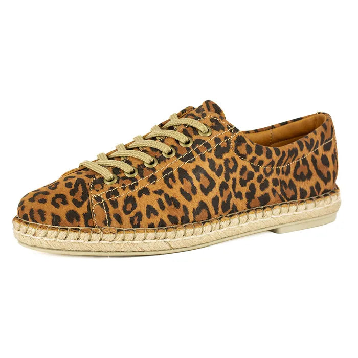 Leopard print sneaker with a woven sole on a white background
