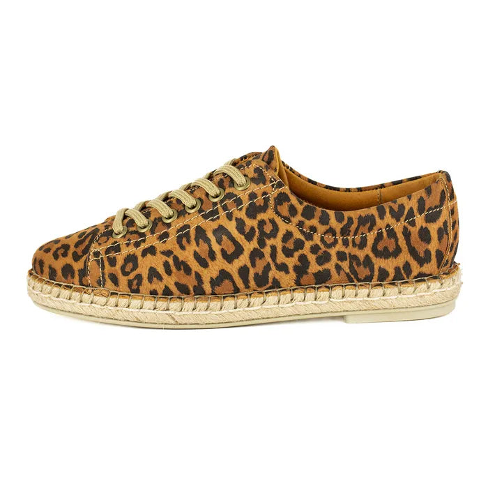 Leopard print sneaker with espadrille sole on a white background