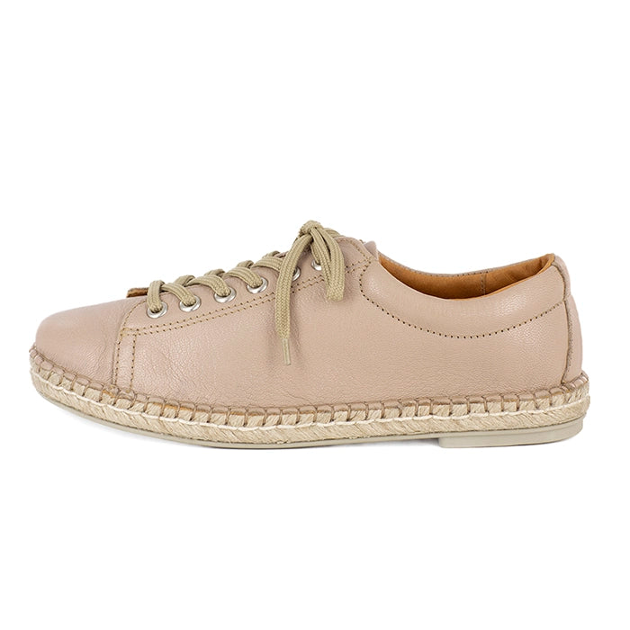 Beige leather sneaker with espadrille sole on a white background