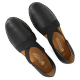 Pair of black shoes with brown soles on a white background