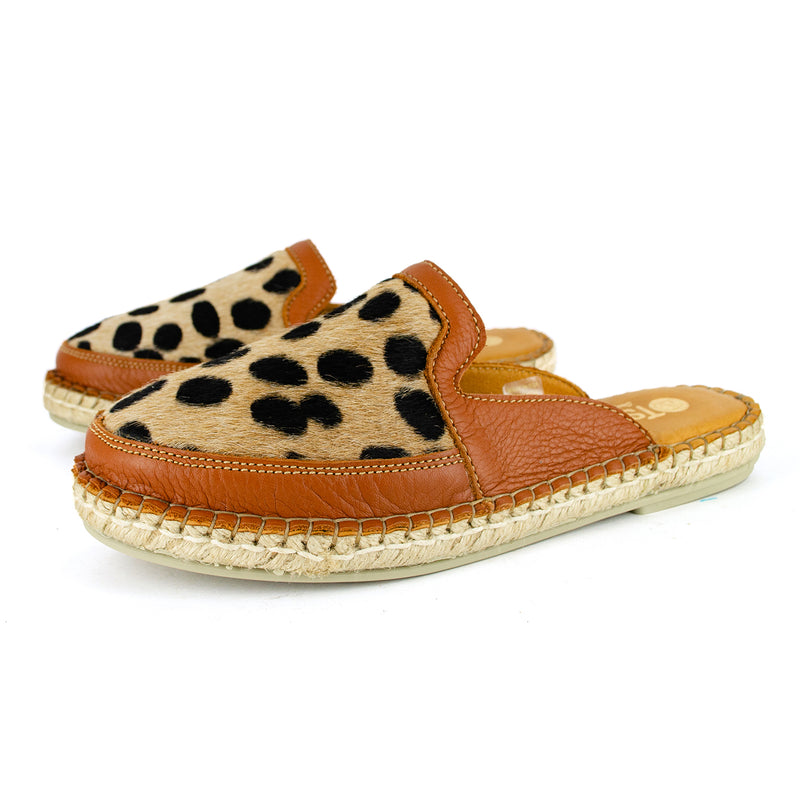 Halamuza : Ladies Leather Espadrille Mule in Oak Natan & Spotted Print