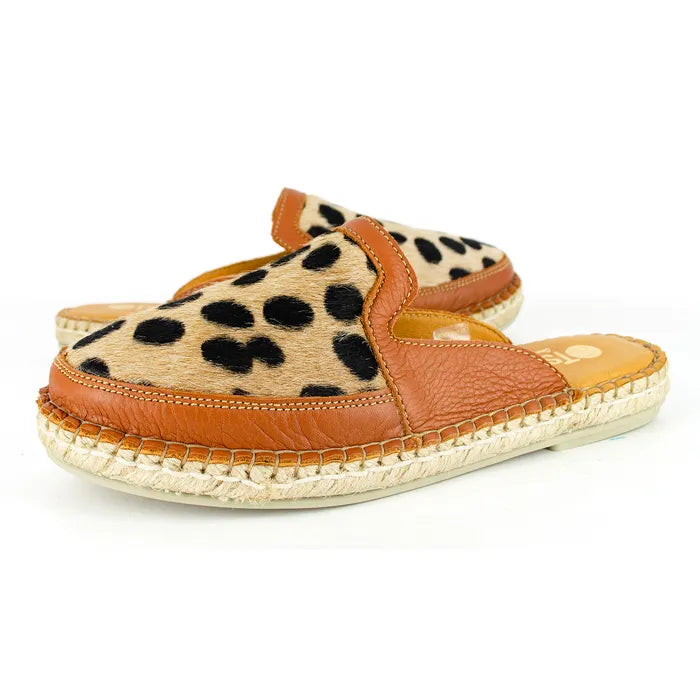 Cheetah print mule with brown trim on a white background