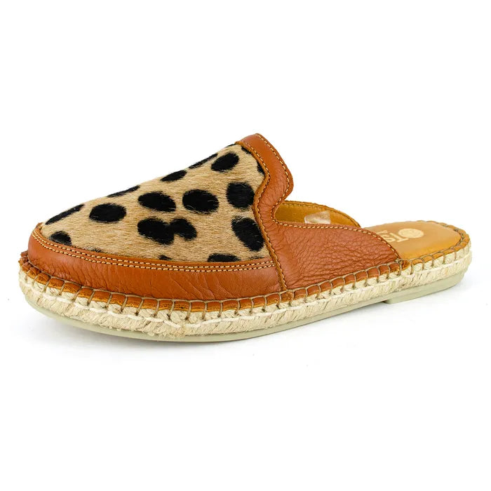 Cheetah print mules with brown leather sole on a white background