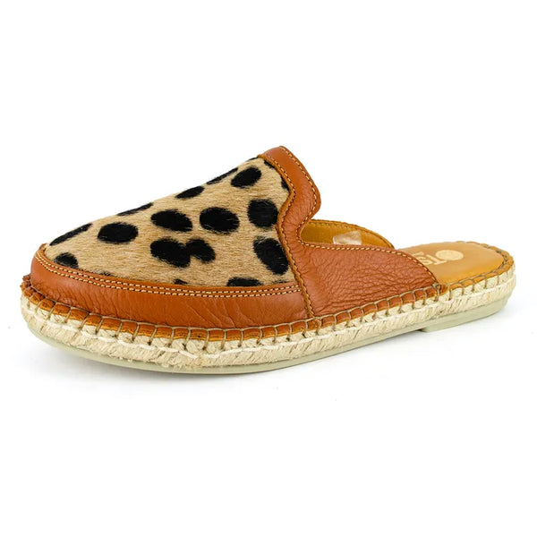 Cheetah print mules with brown leather sole on a white background