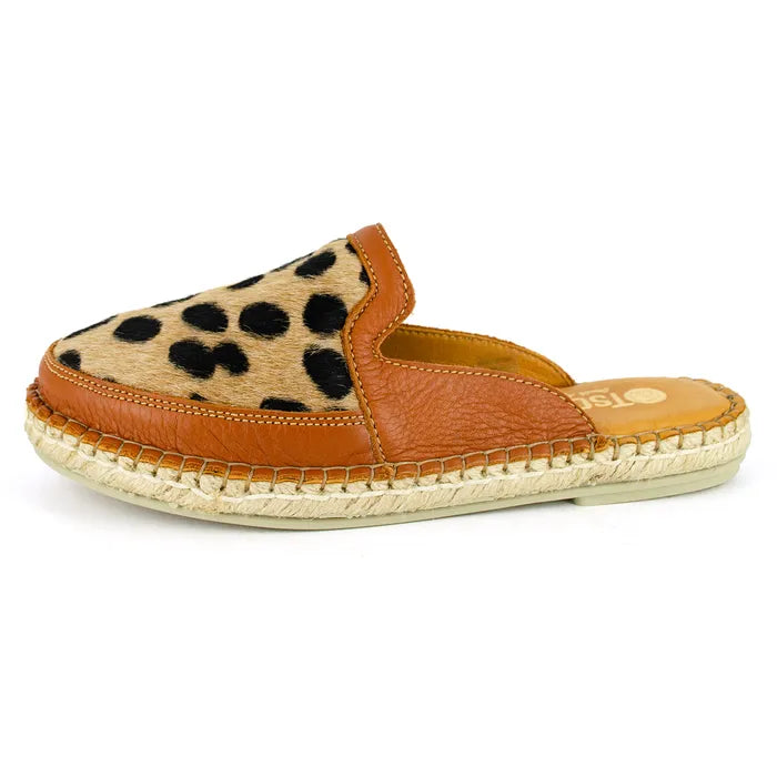 Cheetah print mules with brown leather and espadrille sole on a white background