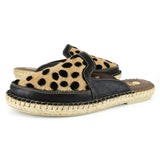 Pair of mules with leopard print upper and black straps on a white background