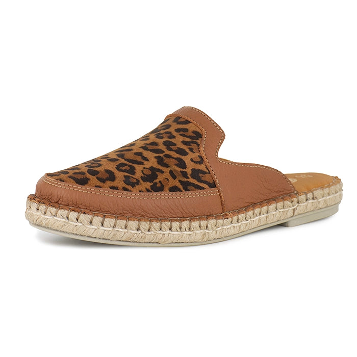 Brown espadrille sandal with leopard print pattern on a white background