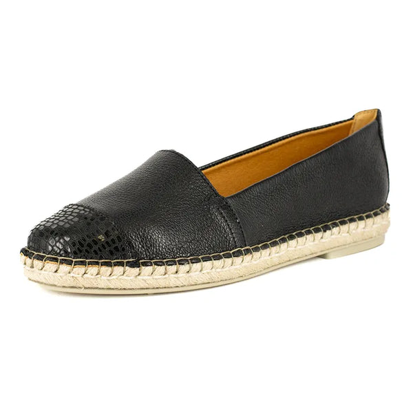 Black leather espadrille shoe with off white sole on a white background