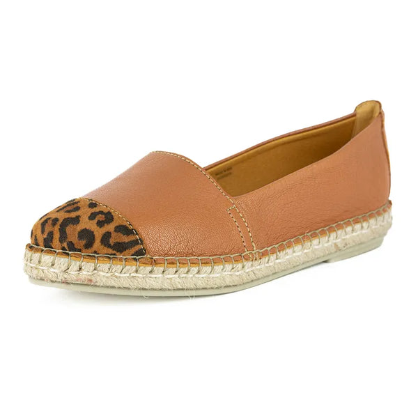 Brown espadrille shoe with leopard print cap toe on a white background