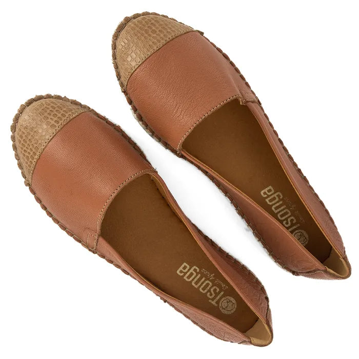 Pair of brown flat shoes with textured cap-toe design on a white background