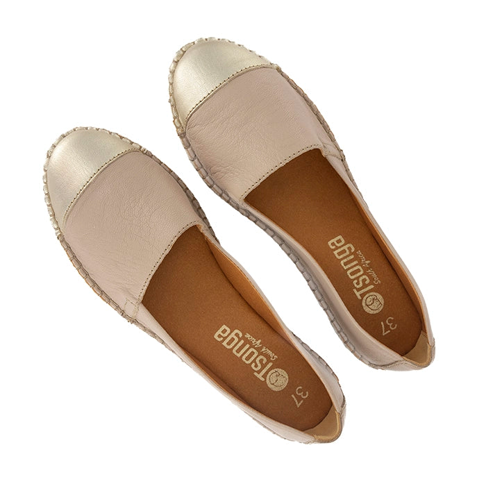 Pair of beige espadrilles with brand logo on a white background