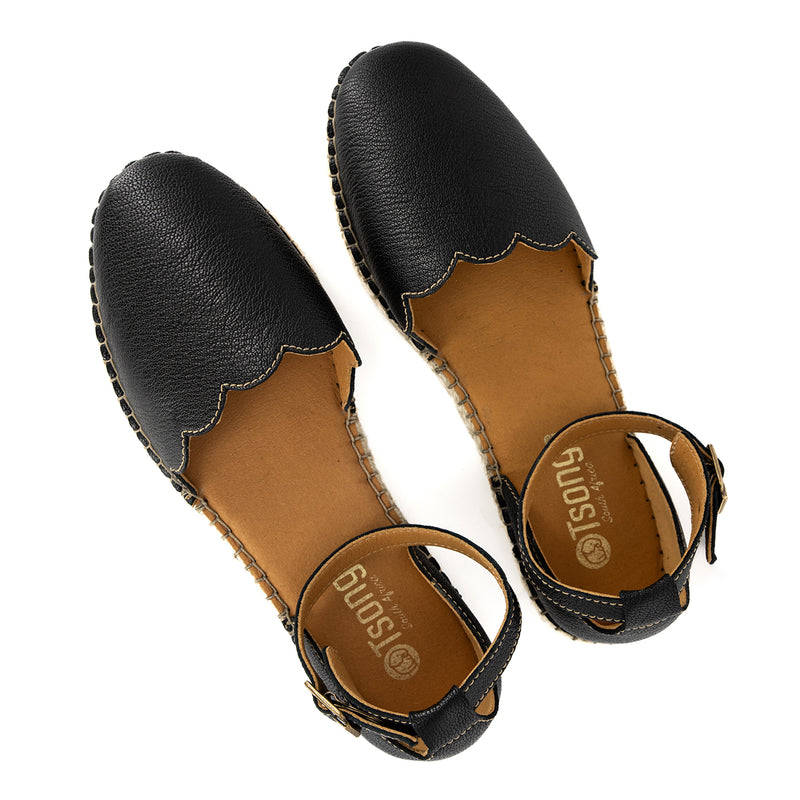Kwamoka : Ladies Leather Espadrille Shoe in Black Cayak