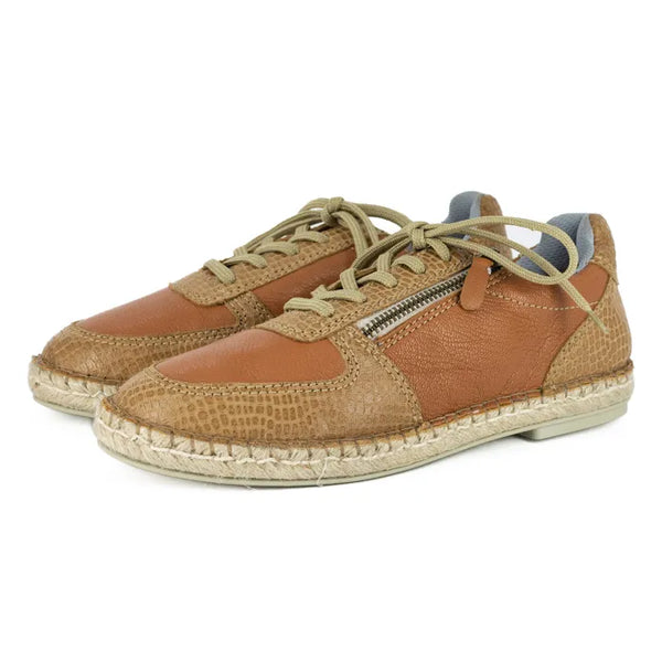 Pair of brown sneakers with a textured finish on a white background