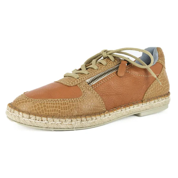 Brown espadrille shoe with a zipper on a white background