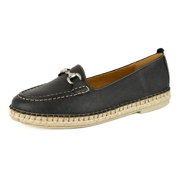 Black loafer with espadrille sole on a white background