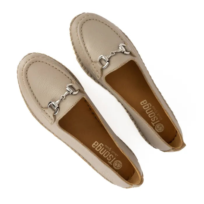 Pair of beige loafers with silver chain details on a white background
