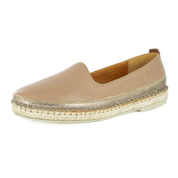 Beige espadrille shoe with gold trim on a white background