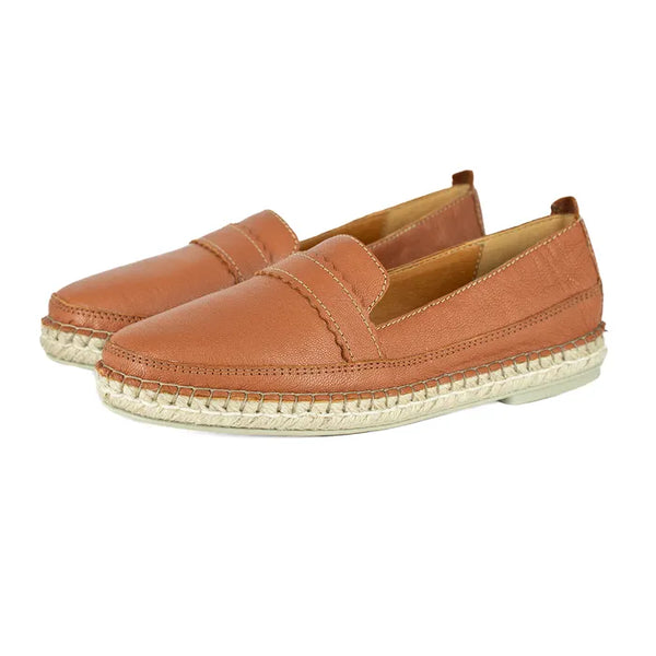 Pair of brown leather espadrilles on a white background