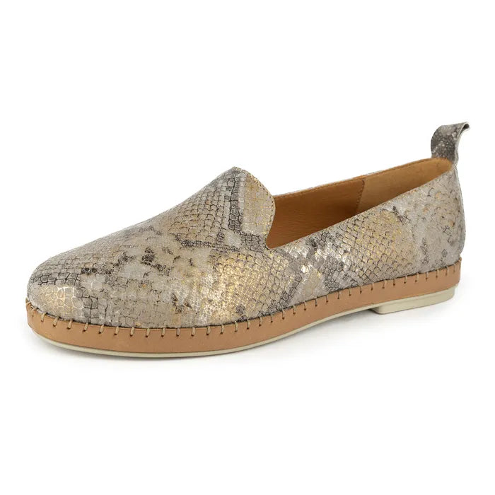 Loafer shoe with snake print pattern on a white background