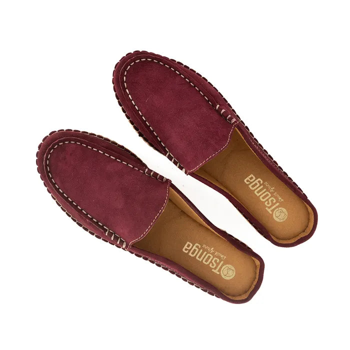 Pair of maroon loafers with brand logo on a white background