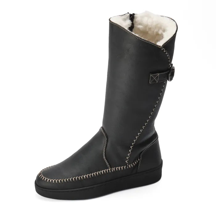 Black winter boot with white wool lining on a white background